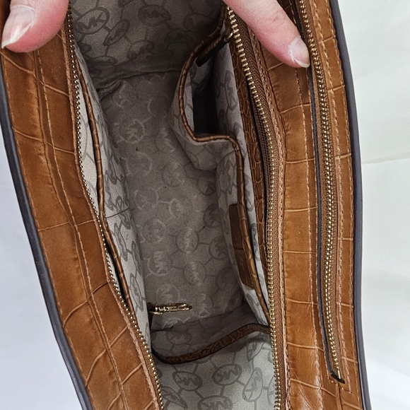 Michael Kors Colette Beige Canvas and camel brown crocodile top zip bag - Picture 8 of 9